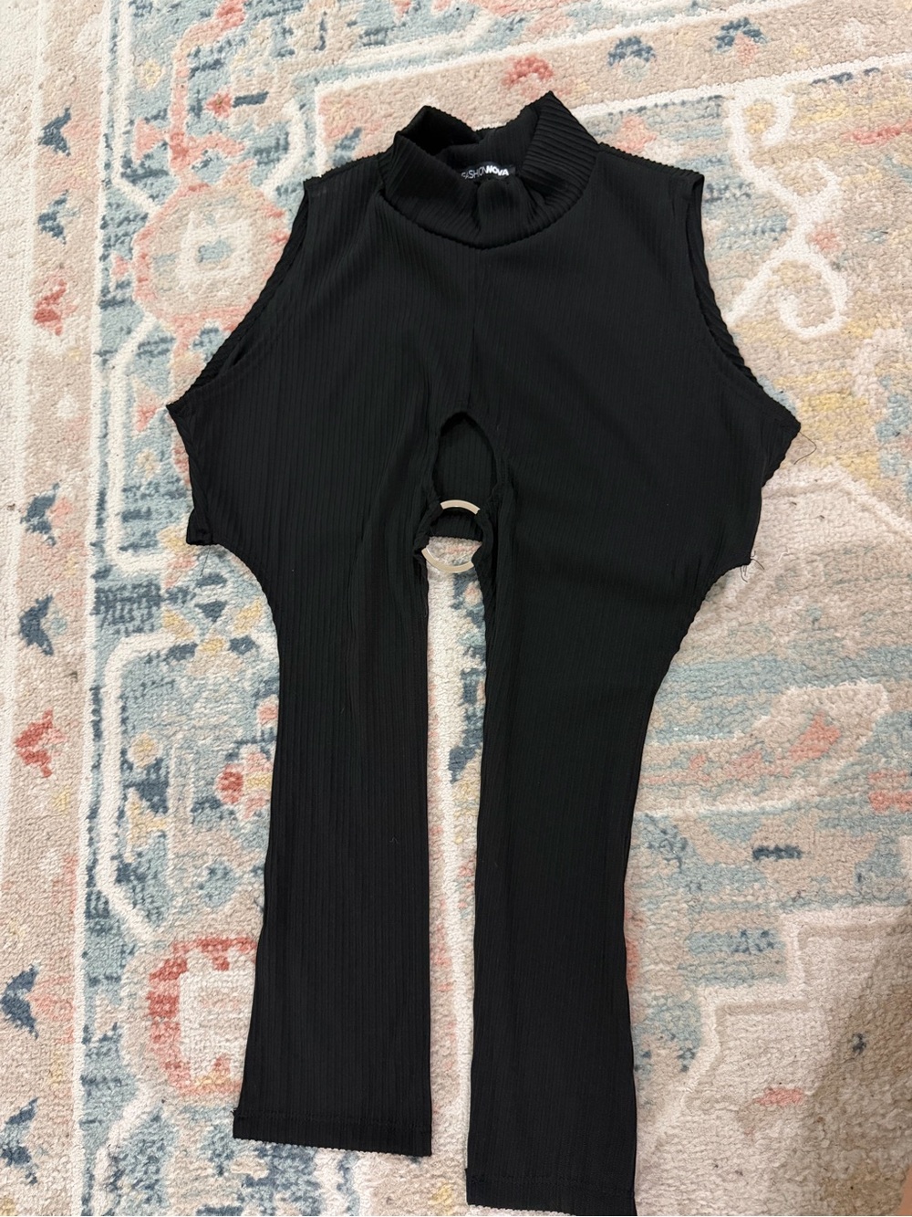 Fashion Nova Black Ribbed Ring-Front Cutout Jumpsuit